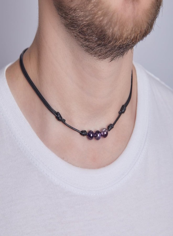 Luck Strings Genuine Amethyst Choker Necklace - Handmade Adjustable Wax Cord Jewelry for Meditation, Spiritual Healing, and Boho Style Gift for Men & Women - Image 3
